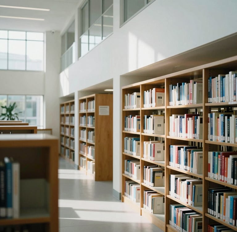 Bright natural library daylight, architectural lines of a modern university study space, soft desaturated tones, 35mm photography