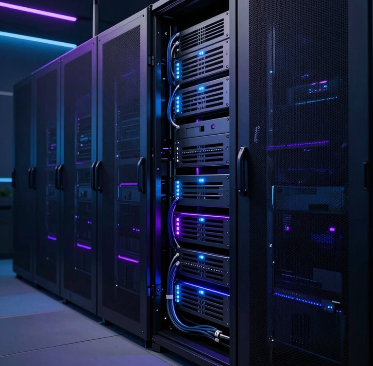 Sleek dark-mode technology photography, low-key server room with glowing blue and purple LED accents, clean cabling, premium corporate aesthetic, 35mm
