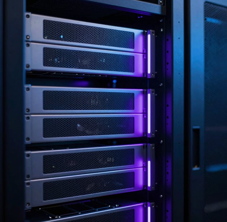 Sleek dark-mode technology photography, close-up of clean glowing server racks with electric blue and purple LED ambient lighting, sharp focus, premium corporate aesthetic, 35mm
