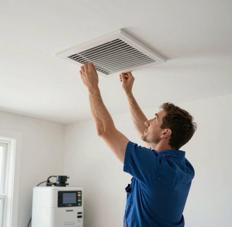 Straight-on documentary shot of a clean-cut technician in a bright Toronto home interior adjusting a clean, white ceiling air vent, natural high-key lighting, professional HEPA filtration equipment visible in the background.