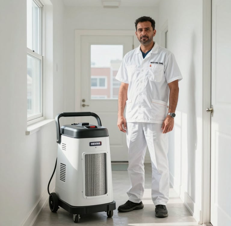 A bright, high-key documentary-style portrait of owner Musthafa Nawas Shafras Nawas in a clean professional uniform, standing next to a modern HEPA-filtered duct cleaning machine inside a well-lit, clean Toronto residential hallway. Natural light coming from a nearby window, sharp focus.