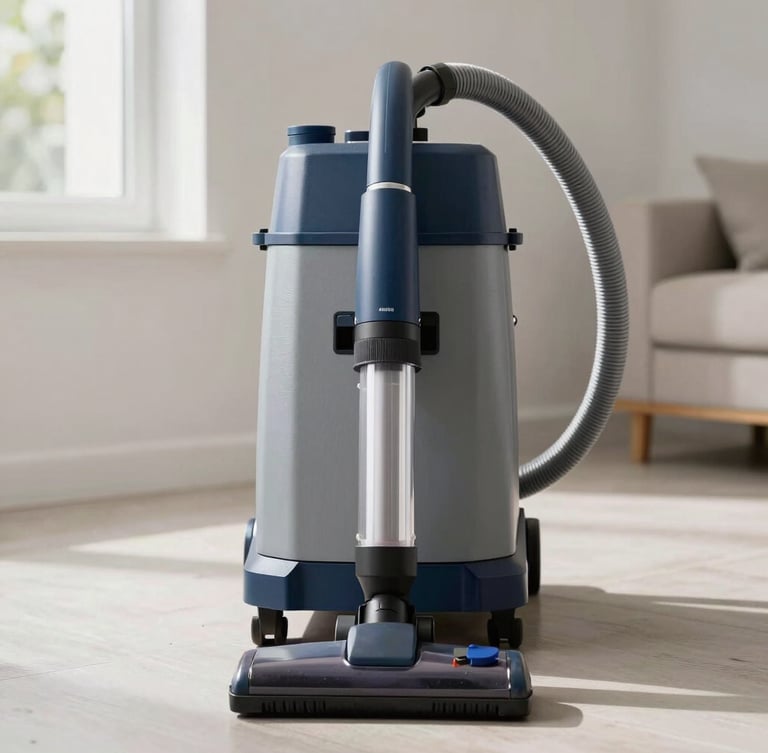 Straight-on technical shot of a professional HEPA-filtered vacuum extraction unit connected to a clean residential duct system, bright natural lighting, slate grey and blue equipment