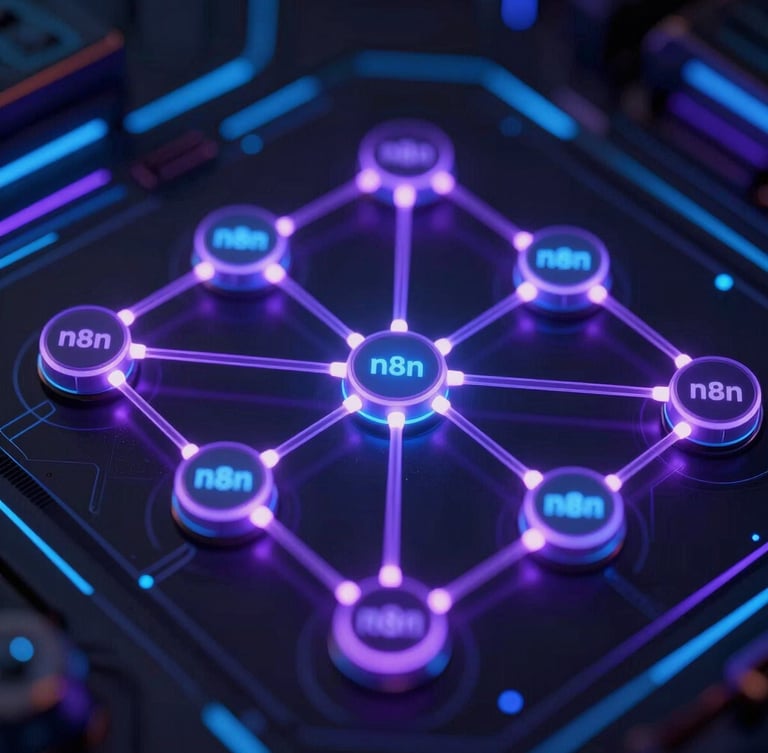 Close-up macro shot of interconnected glowing n8n nodes on a dark interface, with electric purple and neon blue light leaks, showing complex automated workflows, ultra-sharp details, 35mm lens.
