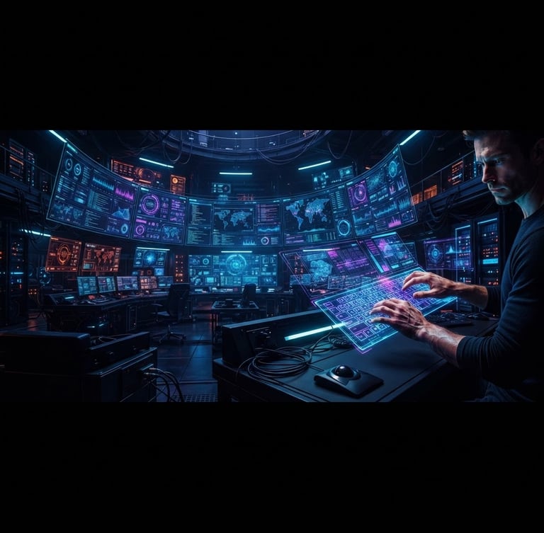 Wide panoramic shot of a dark, high-tech command center with glowing neon blue and purple interfaces, a single developer's hands on a holographic keyboard to the right third, deep shadows, ultra-sharp details, 35mm lens.