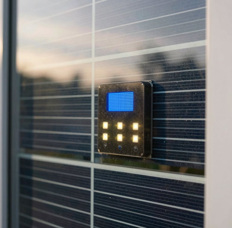 Close-up of modern solar micro-grid hardware with glowing LED indicators, natural daylight reflecting on tempered glass, documentary style 35mm.