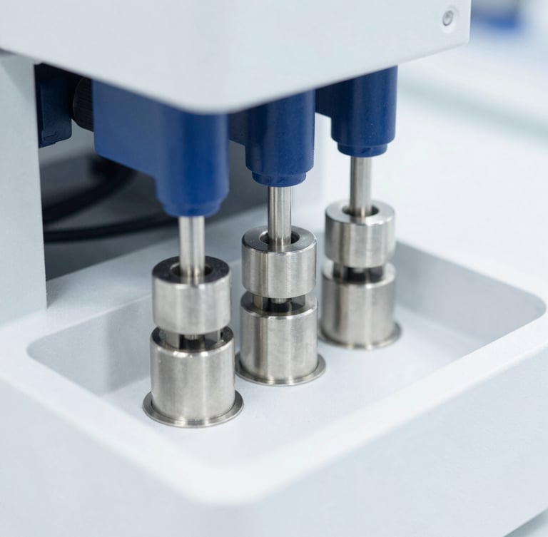 Clinical laboratory photography, bright high-key sterile white light, close-up of high-performance liquid chromatography columns with precise stainless steel fittings, sharp focus, 50mm