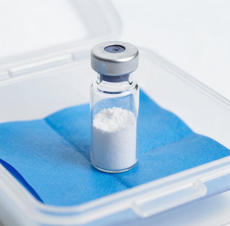 Clinical laboratory photography, macro focus on a sealed glass vial containing white lyophilized peptide powder, sitting in a sterile cold-storage container with blue ice packs, shadowless high-key light, 50mm