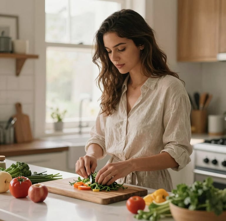 Sophia Vega in a warm sunlit kitchen prepping high-protein meals, hands holding fresh ingredients, natural lighting, shallow depth of field, 35mm