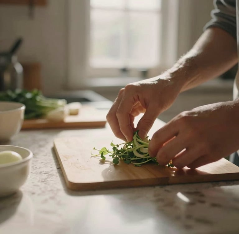 Close-up of hands prepping fresh ingredients on a warm marble kitchen counter, sunlit, shallow depth of field, 35mm