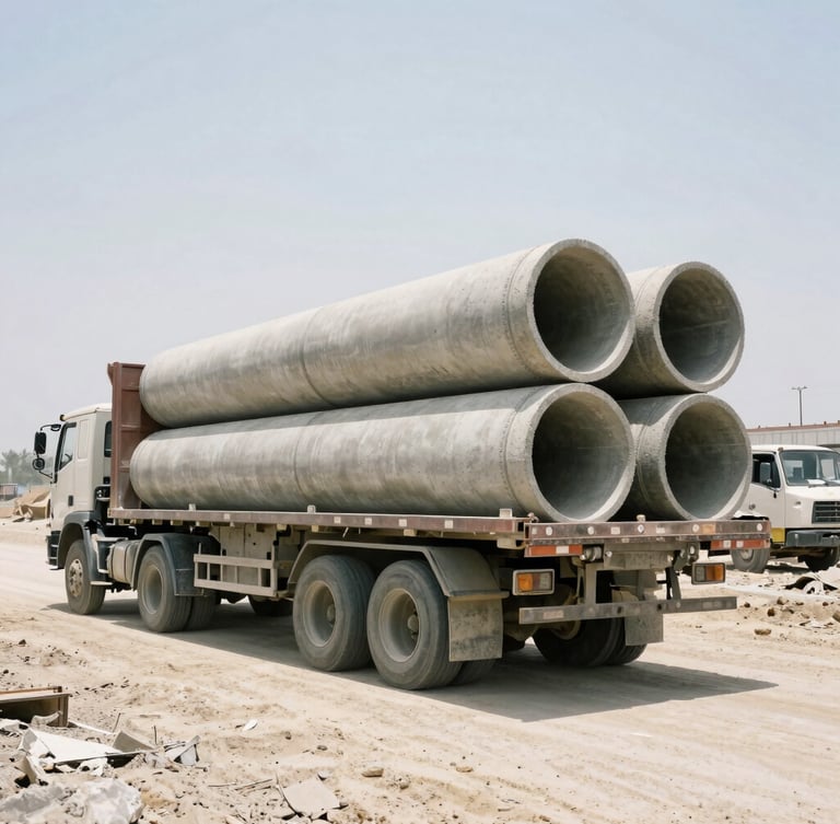 A heavy flatbed truck loaded with large concrete industrial pipes driving through a dusty construction site, harsh midday sun, high-contrast shadows, wide-angle lens.