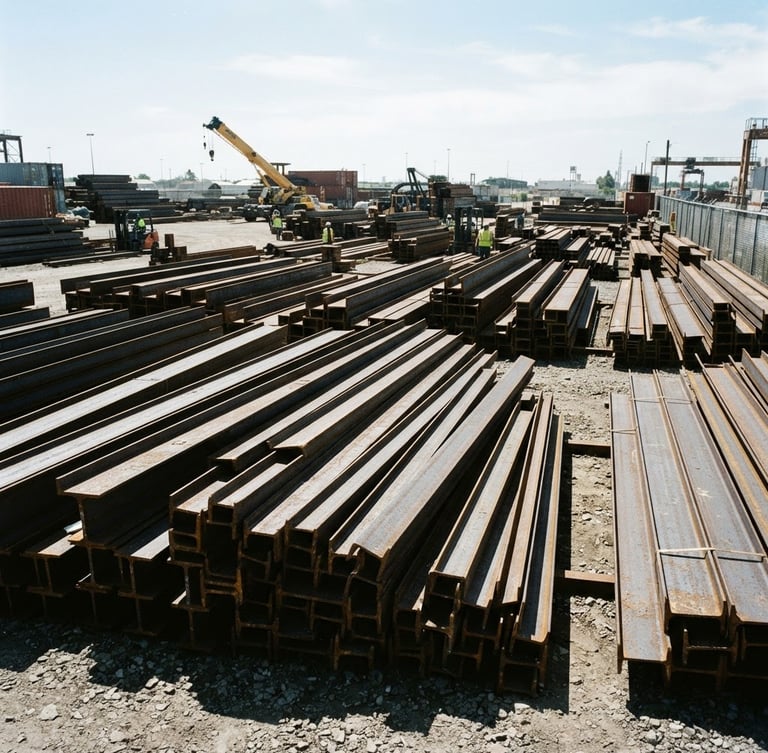 Wide-angle gritty industrial shot of raw structural steel beams stacked in a dry shipping yard, harsh midday sun casting sharp geometric shadows, high-contrast metallic textures, 35mm film
