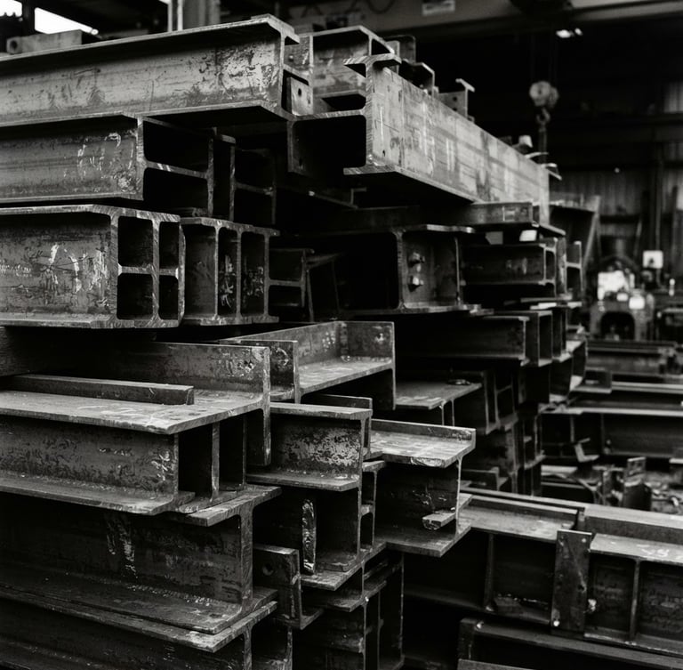 Close-up of raw structural steel beams stacked in an industrial yard, high-contrast shadows, overcast daylight, gritty textures, 35mm film.