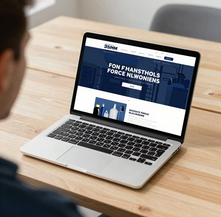 Over-the-shoulder shot of a laptop displaying a modern website for a local plumbing business on a clean wooden table, bright daylight, 35mm