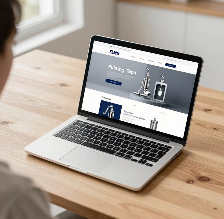 Over-the-shoulder shot of a laptop displaying a modern plumbing website on a clean wooden desk, bright natural daylight, 35mm