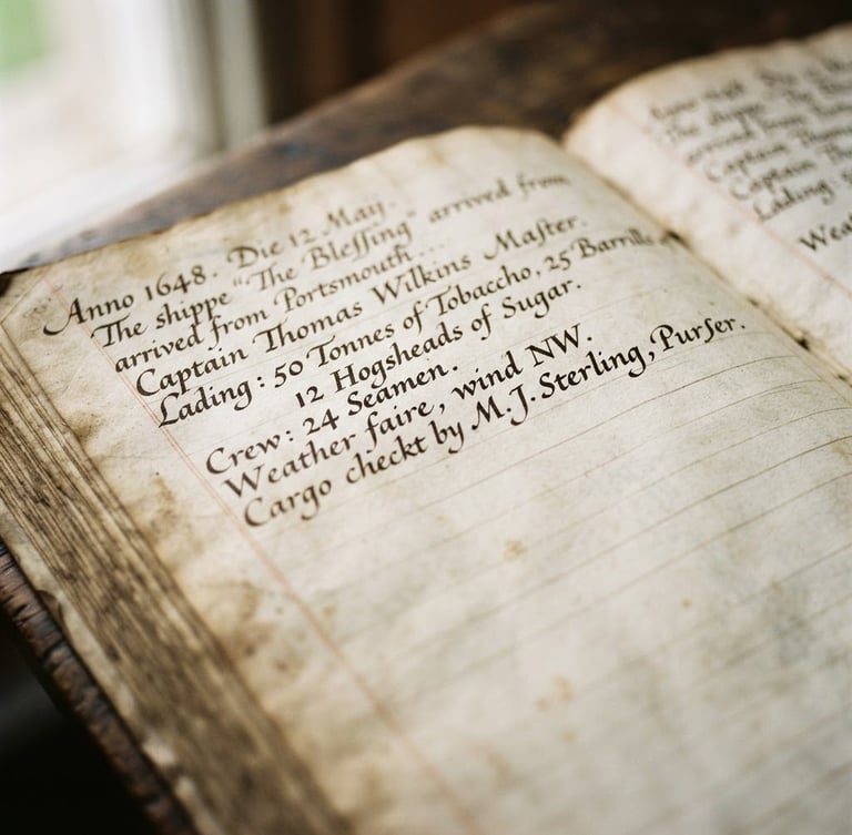 Macro shot of a seventeenth-century hand-written maritime ledger, aged parchment paper, dark ink calligraphy, soft library window light, shallow depth of field.