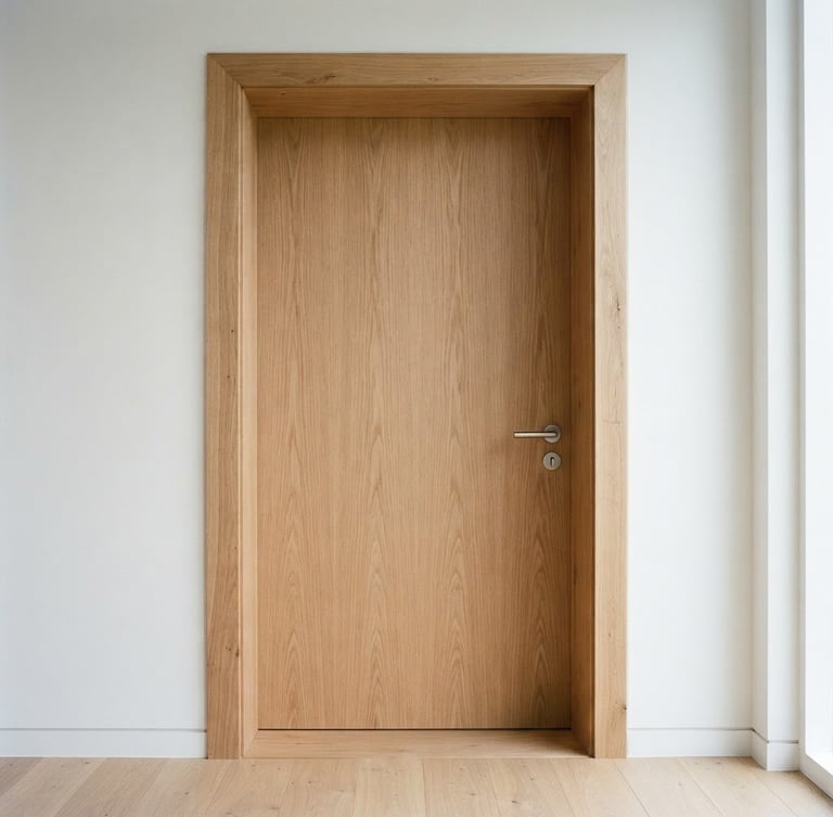 A crisp straight-on architectural photograph of a perfectly installed white oak door frame, clean sharp joints, bright natural daylight, realistic construction textures