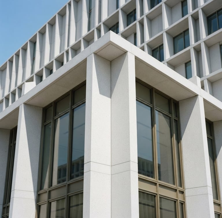 Architectural detail of a modern, minimalist federal building facade in Washington D.C., sharp geometric concrete lines, bright natural daylight, soft shadows, 50mm lens