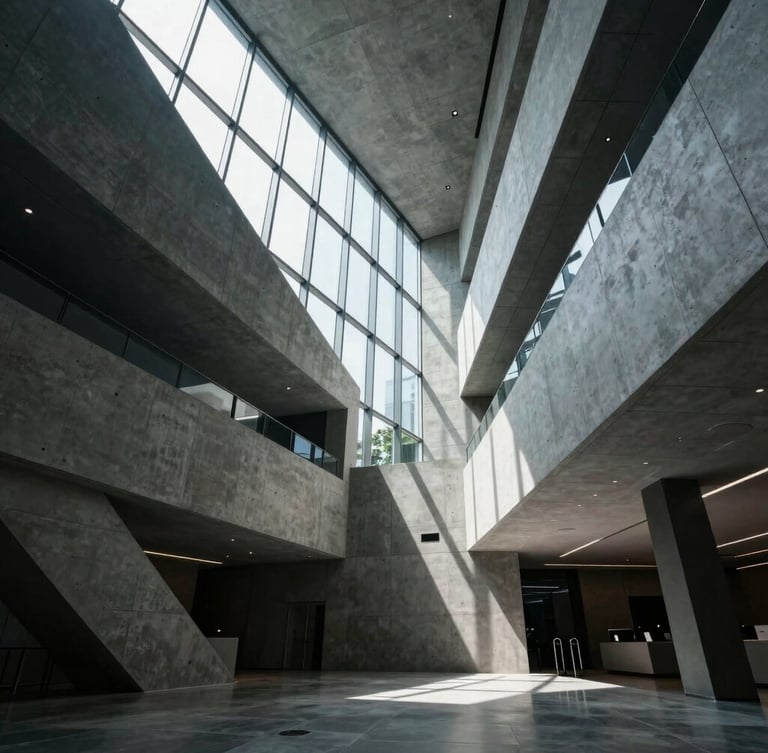 Low-angle architectural shot of a sleek, minimalist convention center lobby in Jakarta, sharp geometric lines, cool concrete surfaces, dramatic sunlight streaming through glass facade