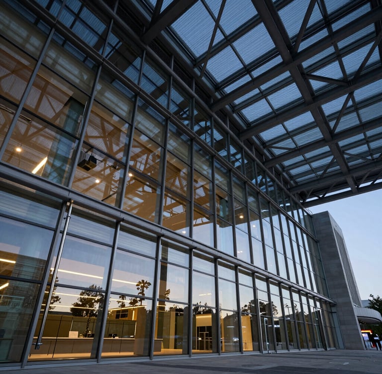 Dramatic low-angle architectural photograph of a modern glass and steel convention center facade at dusk, cool ambient light, sharp geometric reflections