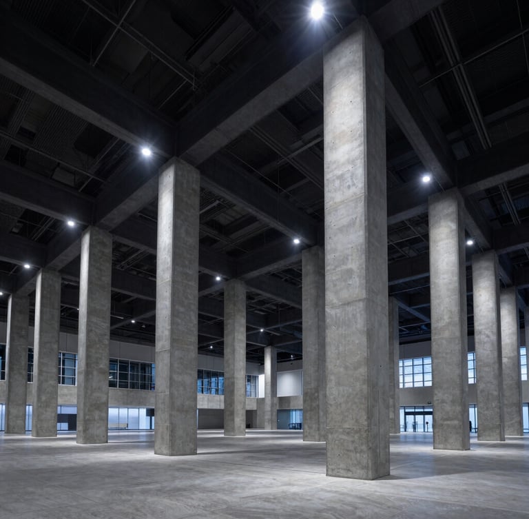 Wide-angle architectural environmental shot of a massive modern convention center interior, sharp concrete columns, dramatic cool-toned spotlighting, crisp industrial composition