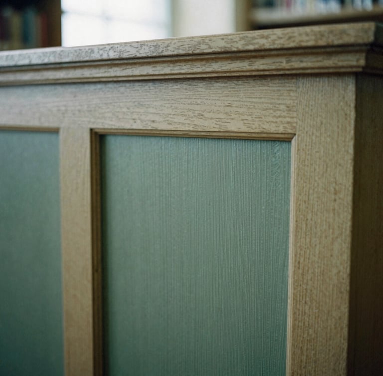 Macro detail of a hand-carved oak panel in soft overcast daylight, quiet institutional library atmosphere, medium format film style
