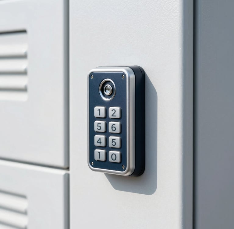 Close-up of a secure electronic keypad lock on a clean metal storage unit door, bright daylight, sharp focus, high-trust corporate-premium aesthetic.