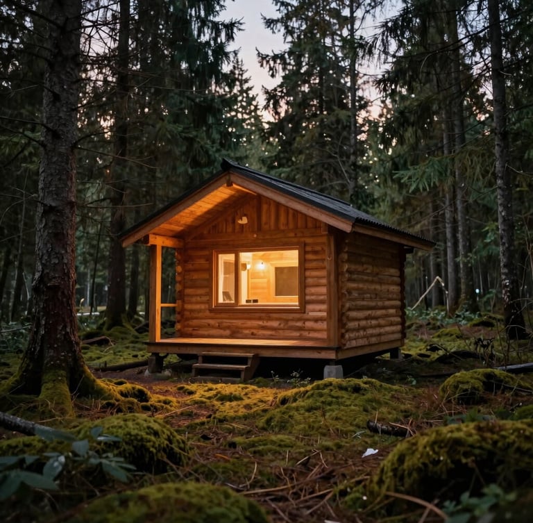 A warm, inviting timber cabin with a lit window at dusk, surrounded by mossy forest ground and tall cedar trees, soft overcast light.