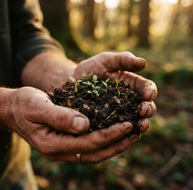 Close-up editorial photography of weathered hands gently cradling rich, dark forest soil with tiny green sprouts, warm golden-hour light, shallow depth of field