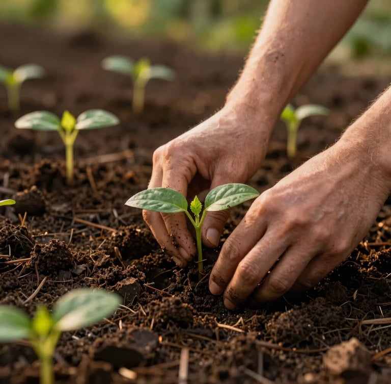 Close-up editorial photograph of hands working in dark, rich compost soil, planting young green saplings, warm golden-hour light, shallow depth of field.