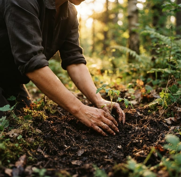 Warm editorial photography of hands working in dark soil, golden-hour forest light filtering through trees, shallow depth of field, rich earth tones.