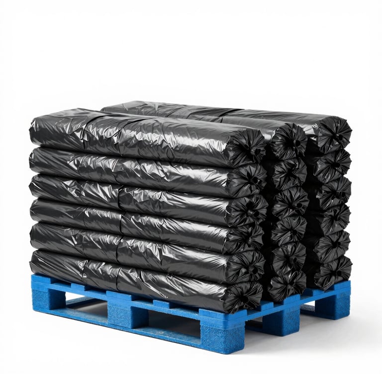 Straight-on product shot of neatly stacked, heavy-duty black garbage bags on a clean warehouse pallet, bright high-key studio lighting, slate-blue accents.