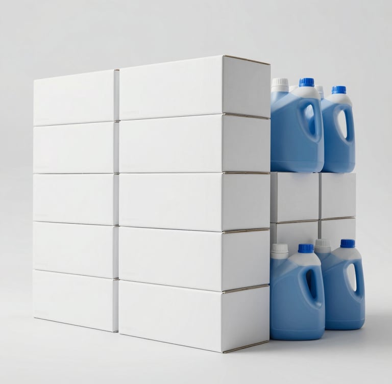 Straight-on product shot of neatly stacked white commercial boxes and uniform blue cleaning liquid containers in a bright, high-key warehouse setting, neutral cool tones.
