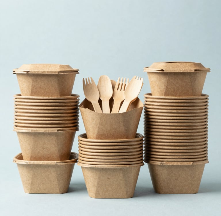 Straight-on product shot of neatly stacked, uniform brown kraft paper takeout containers and compostable wooden cutlery, bright high-key studio lighting, neutral slate-blue background.