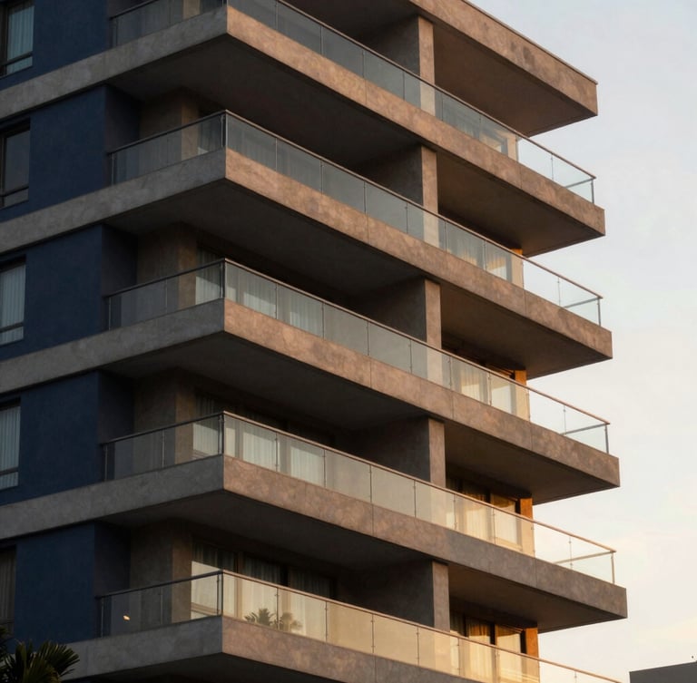 Elegant architectural detail of a modern residential building in Brazil, soft golden-hour light reflecting off glass balconies, deep navy and warm gold tones, 35mm photography