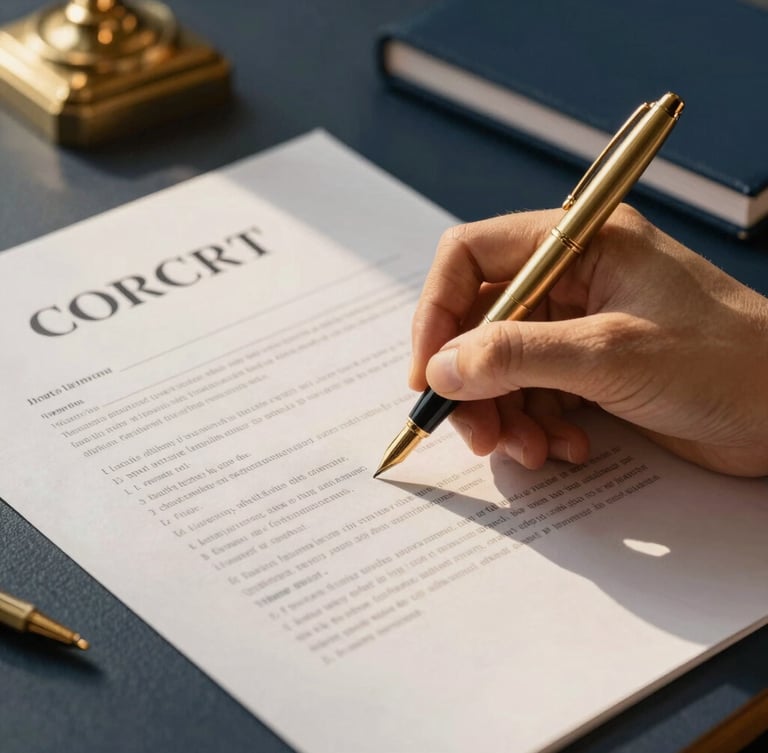 Close-up of signing real estate contracts on textured paper with a gold pen, warm natural daylight, professional workspace, elegant navy and gold accents
