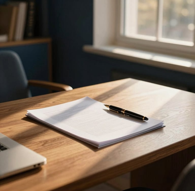 Elegant professional workspace with a clean wooden desk, textured documents, a fountain pen, and soft golden-hour sunlight streaming through a window, warm editorial photography, 35mm