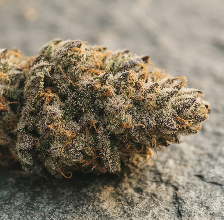 Macro close-up of a pristine, trichome-rich cannabis flower bud on a textured grey stone surface, soft diffused natural morning light, warm undertones, minimalist apothecary aesthetic, 35mm