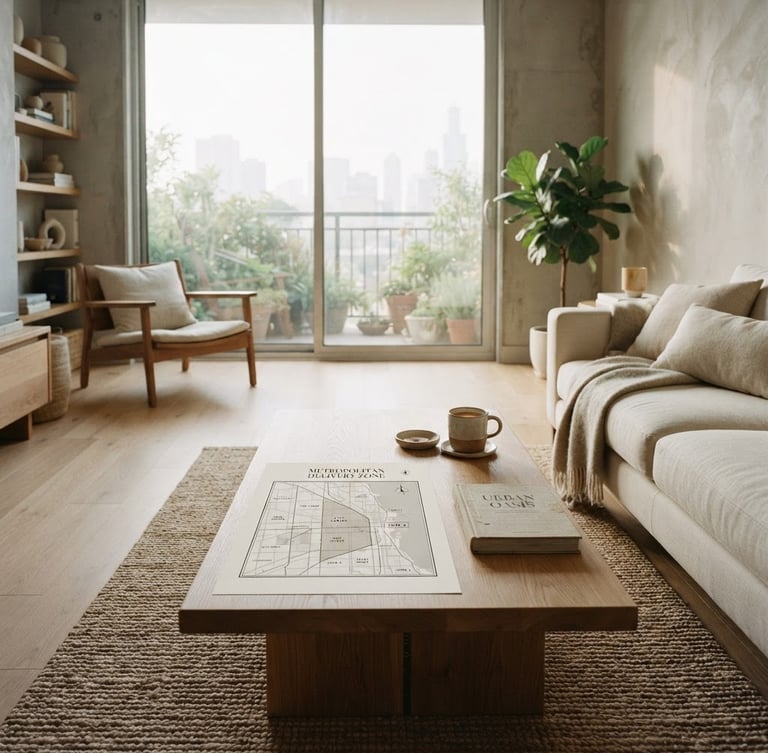 Wide shot of a serene, minimalist residential interior with soft morning light, a discreet map overlay showing a delivery zone in a metropolitan area on a coffee table, elegant serif typography.