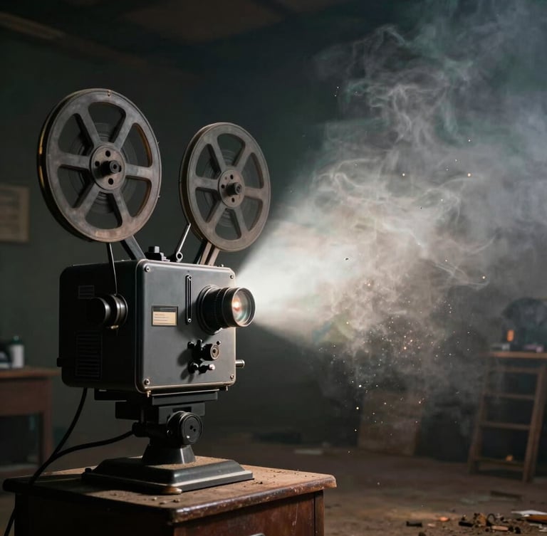 Cinematic wide shot, dramatic chiaroscuro lighting, a beam of light from a vintage film projector cutting through a dark room filled with smoke and dust motes, Kochi.