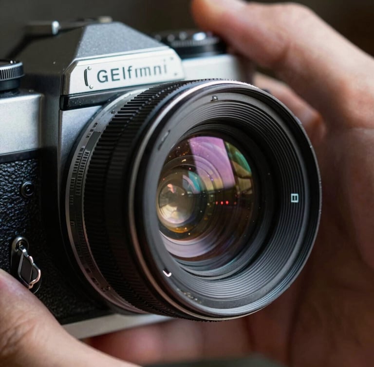 Extreme close-up of a hand adjusting a vintage 16mm camera lens, high-contrast chiaroscuro lighting, metallic textures and dust visible