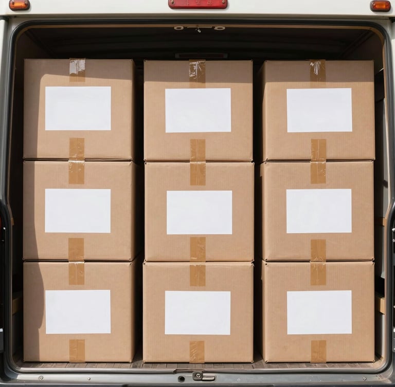 Crisp documentary photography of organized moving boxes with neat labels inside a clean truck, bright natural daylight, sharp focus