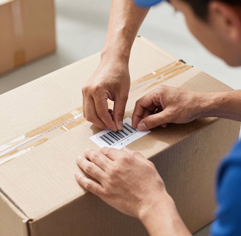 Close-up of a professional mover's hands neatly applying a barcode label to a heavy-duty moving box, bright natural daylight, crisp focus.
