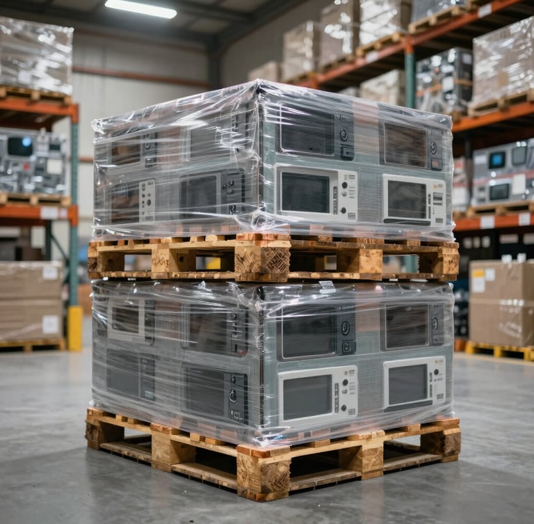 A sharp, straight-on medium shot of palletized consumer electronics inside a brightly lit, modern distribution warehouse in Tripoli.