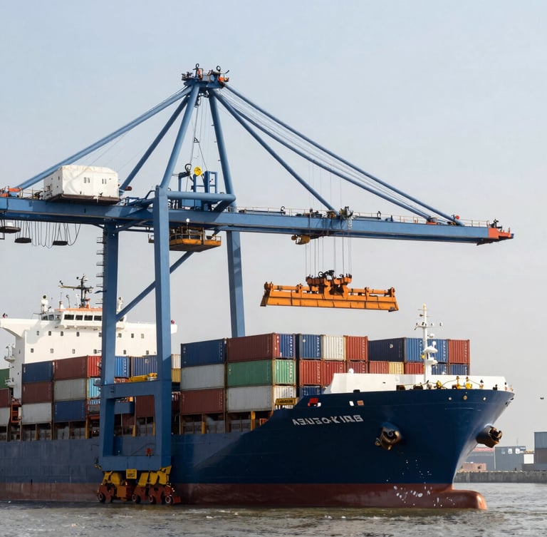 Wide environmental shot of a modern container port terminal at daylight, giant blue gantry cranes loading cargo containers onto a vessel, clean composition, high clarity.