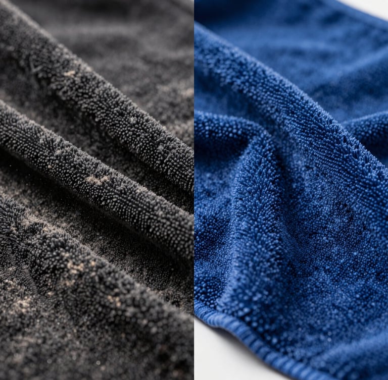 Macro split screen comparison: left side shows dusty dark microfibre, right side shows perfectly restored, deep blue clean microfibre after steam extraction