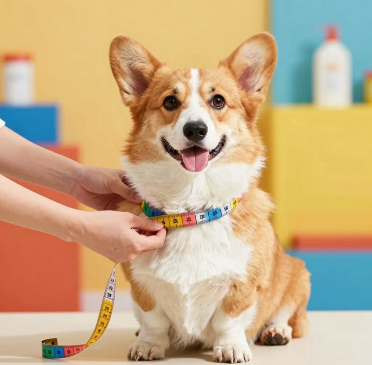 Bright joyful pet photography, warm natural daylight, a happy Corgi sitting patiently while hands gently measure its chest with a colorful measuring tape, vibrant workshop background.