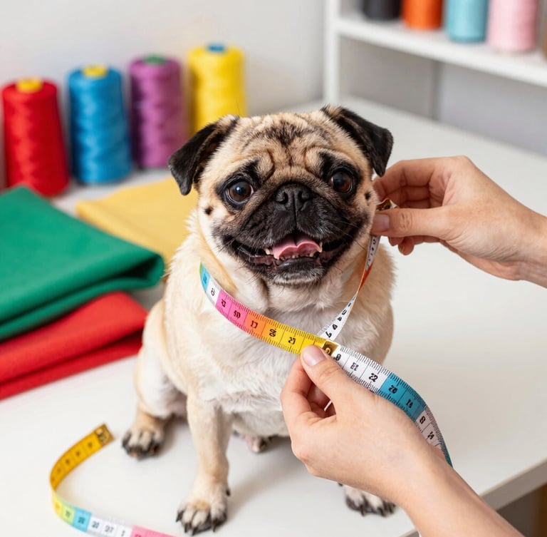 Close-up of hands carefully measuring a small happy pug with a colorful soft measuring tape in a bright, sunlit sewing workshop in Mexico, vibrant fabrics and thread spools in the background