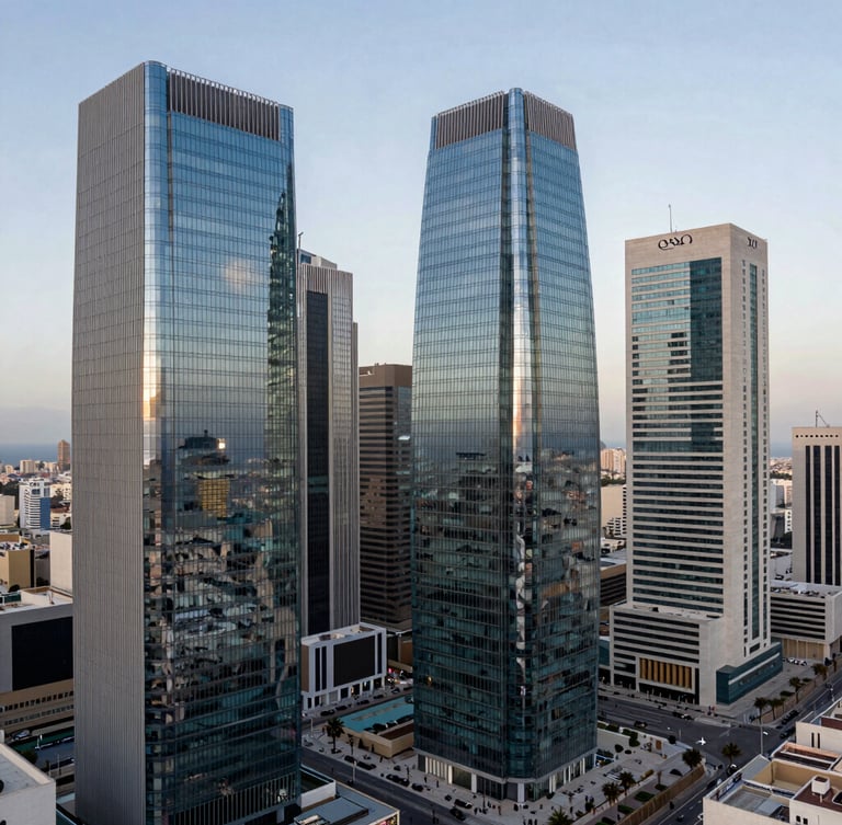 High-angle panoramic architectural shot of Casablanca's financial district, modern glass towers, cool daylight, sharp metallic reflections