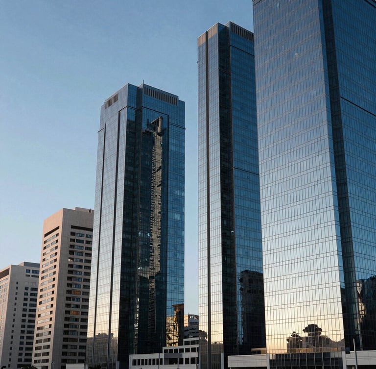 High-angle architectural view of Casablanca's financial district at morning light, towering modern glass facades reflecting cool blue skies, clean lines, sharp shadows, negative space on the left.