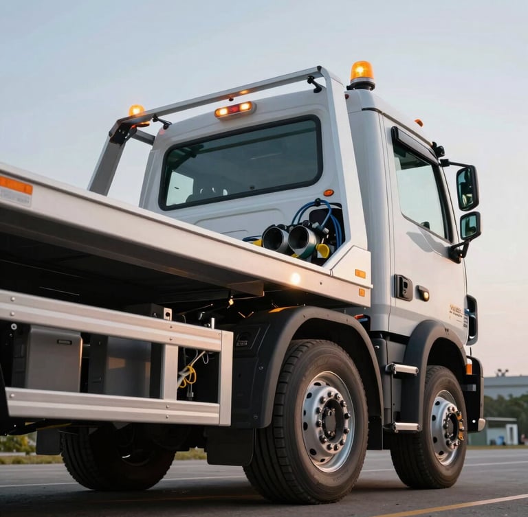 Low-angle dynamic shot of a modern clean hydraulic flatbed tow truck, amber safety beacon lights glowing, secure wheel straps visible on a clean vehicle wheel